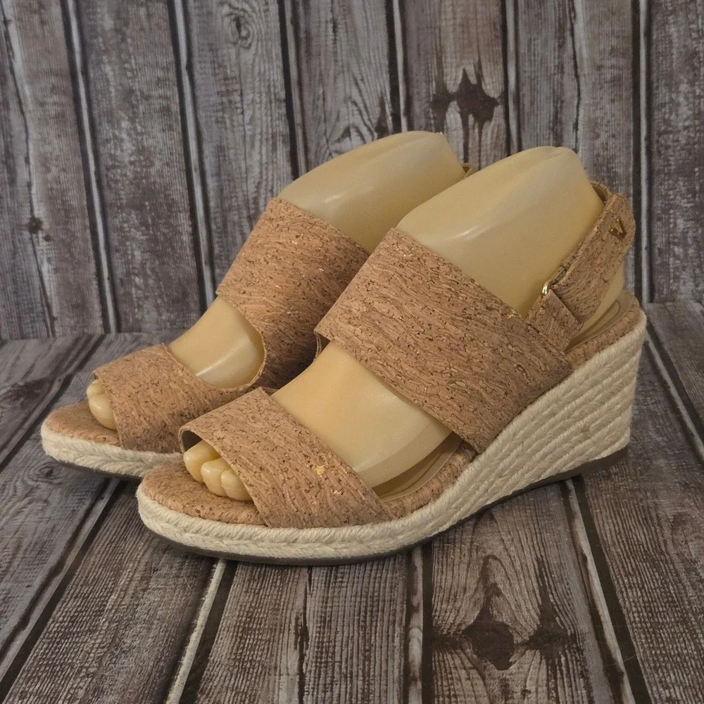 Sz 7.5 Wide Womens Vionic Brooke Cork Tan Gold Espadrille Wedge‎ Sandals VGUC